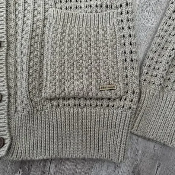 Barbour Cardigan Sweater Womens Sz 10 Taupe 100% Cotton Shawl Collar Button Up - Picture 4 of 8